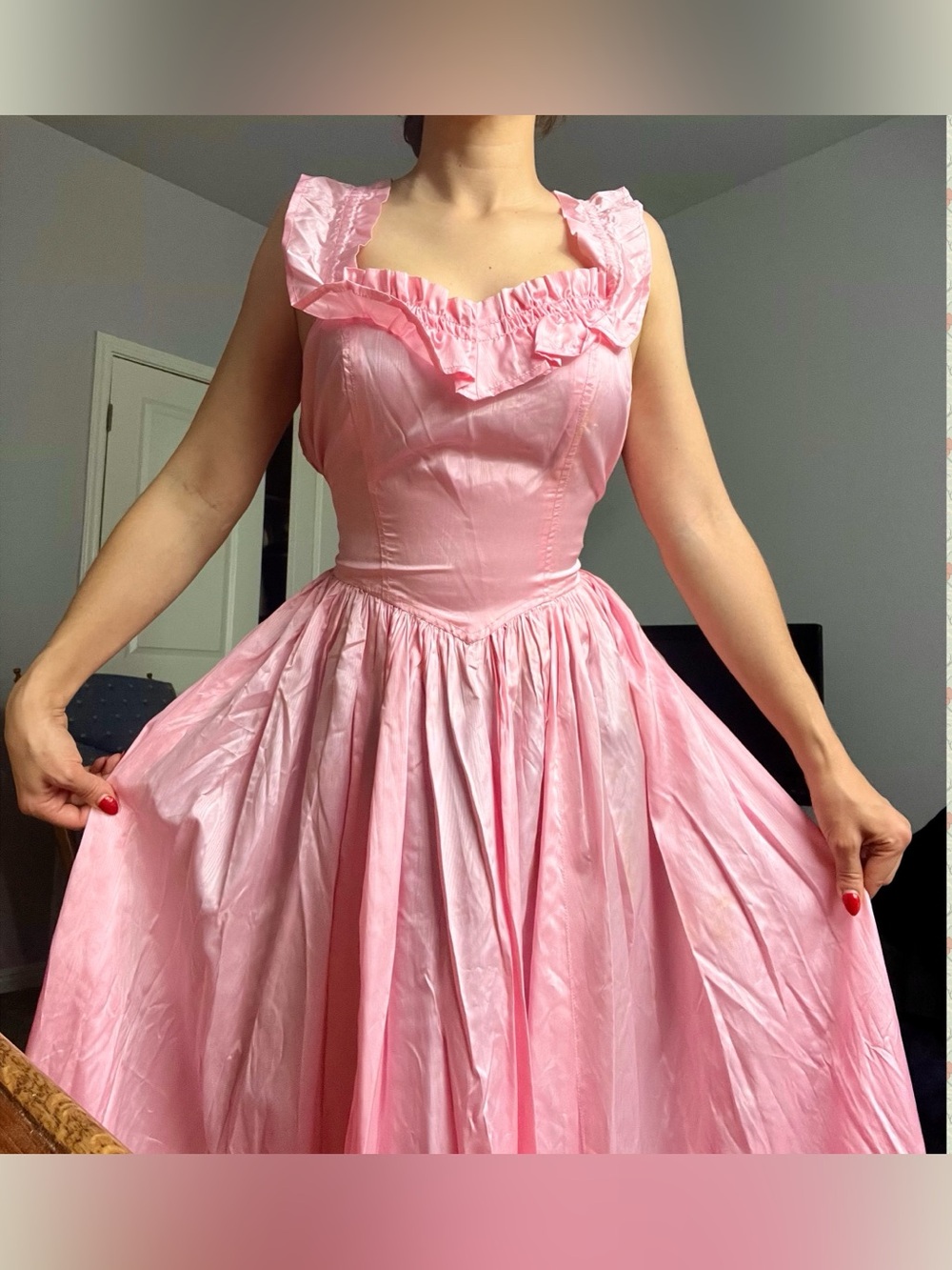 Vintage 1940s Pink Taffeta Princess Gown Dress Ruffle Neck Full Skirt  AS IS